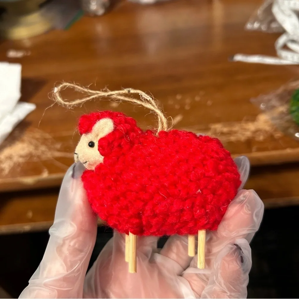 Red Fuzzy Sheep Christmas Ornament - “Candles”